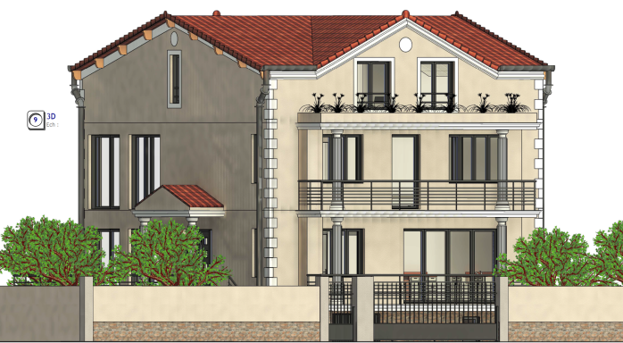 Maison à deux étages avec balcons, toit rouge et mur clair, entourée de verdure.