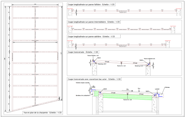 Plan de structure avec détails techniques et dimensions pour un projet de construction.