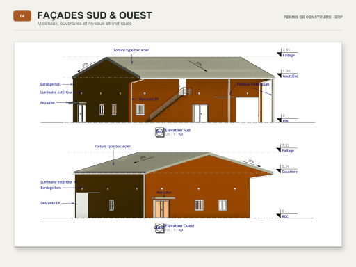 Façades sud et ouest d’un bâtiment ERP avec bardage bois, ouvertures et niveaux altimétriques.