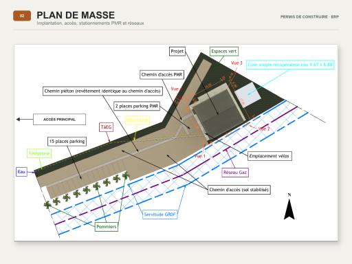 Plan de masse d’un projet de bâtiment ERP avec accès, stationnements PMR et réseaux.